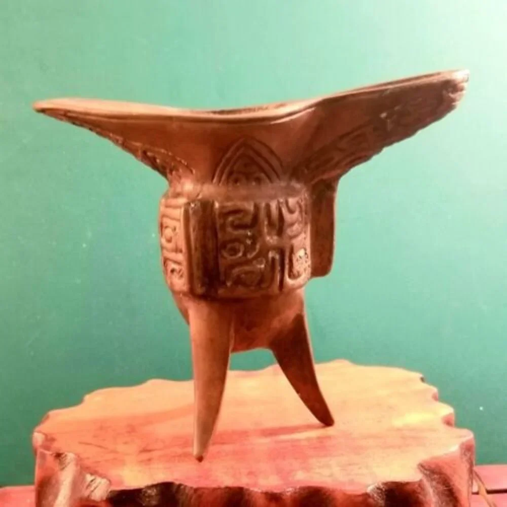 Antique Ceremonial Ritual Bronze Tripod Wine Warming Vessel Chinese Jue Style